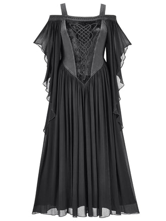 1950er Solide Samt Netz Kalte Schulter Kleid