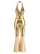 Gold 1970er Disco Pailletten Halter Ausgestellt Jumpsuit