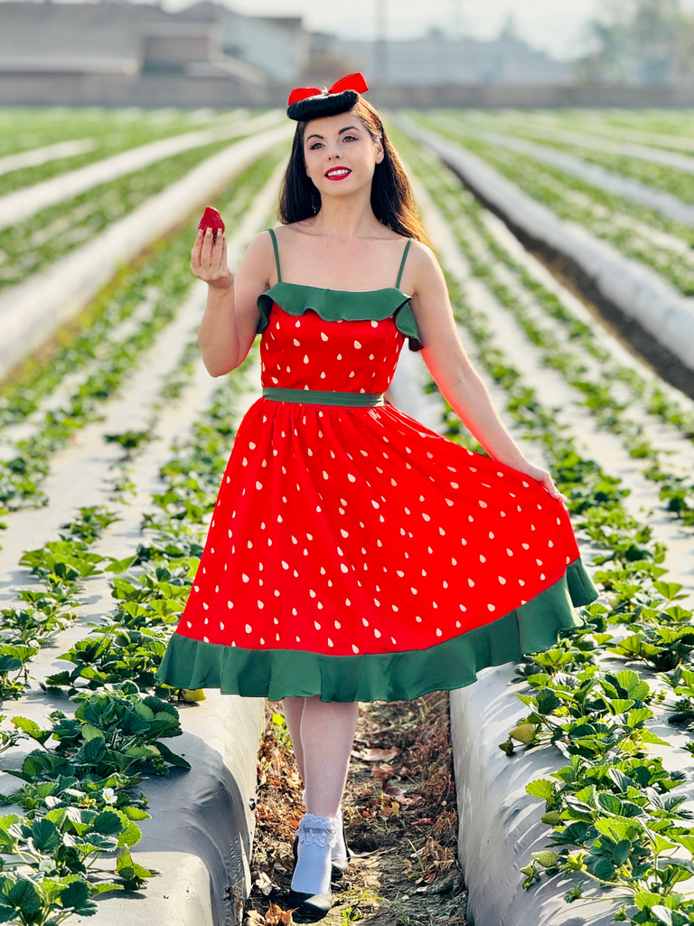 Rot 1950er Erdbeere Rüsche Kleid mit Gürtel