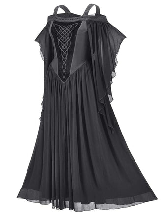 1950er Solide Samt Netz Kalte Schulter Kleid