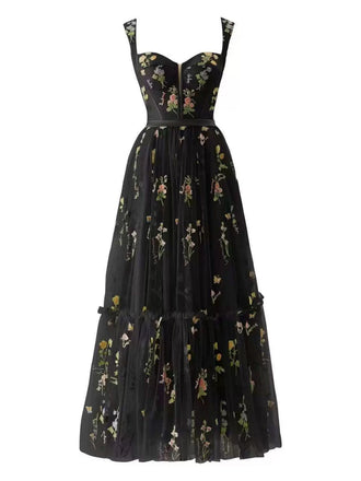 Schwarz 1930er Blumen Netz Stäbchen Schnürung Kleid