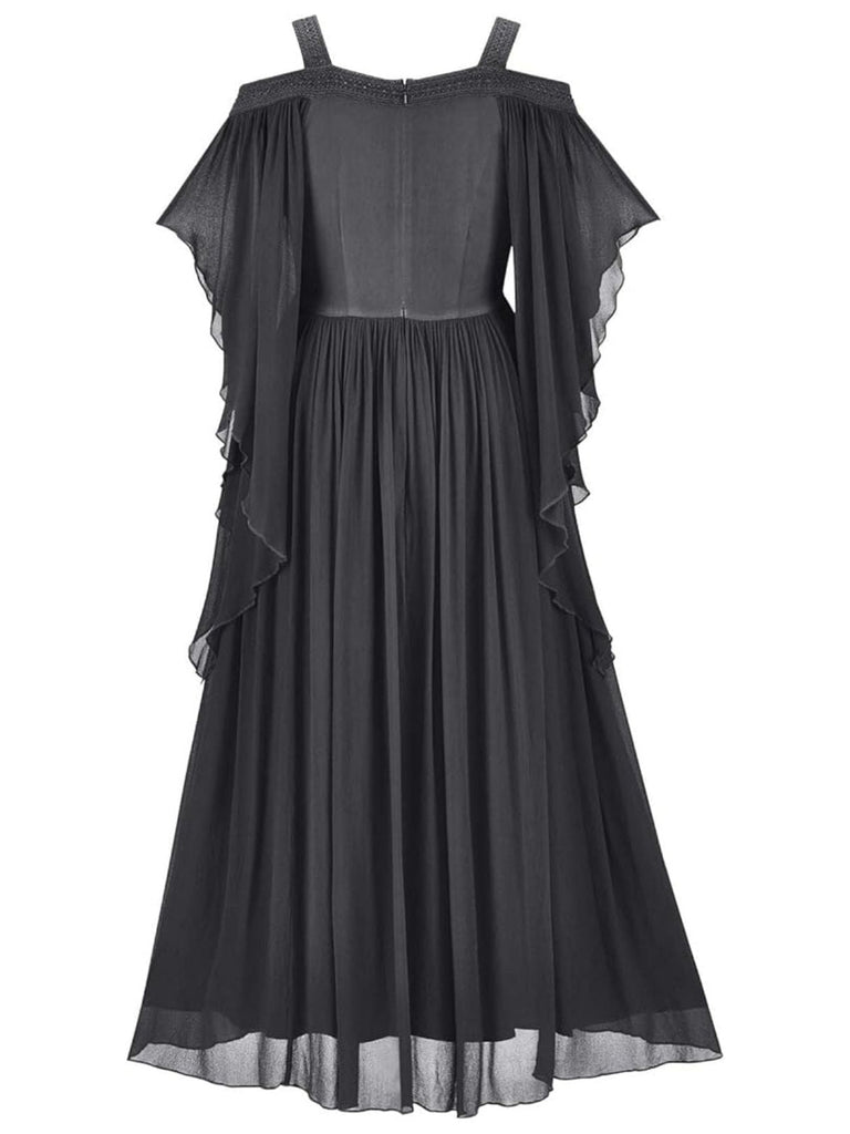 1950er Solide Samt Netz Kalte Schulter Kleid