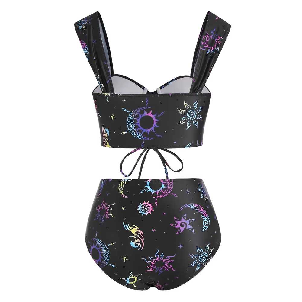 Schwarz 1980er Gurt Neon Nebula Print Gothic Bikini Set
