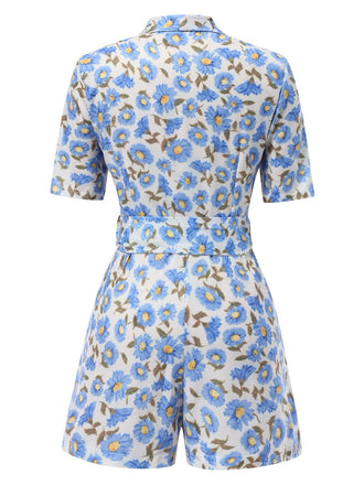 Blau 1960er Blumen Revers Gürtel Wickel Romper