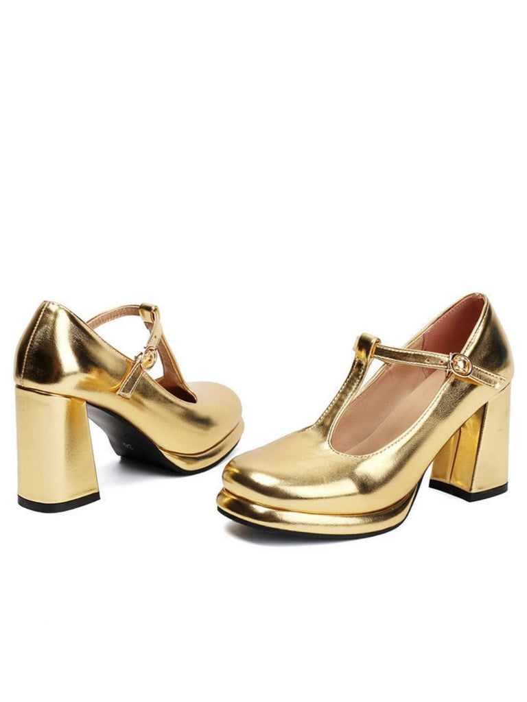 Metallisch Quadratischer Spitze Blockschnalle Schuhe