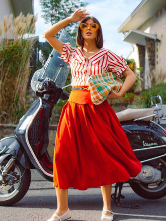 2PCS Orange Rot 1950er Gestreifte Bluse & Faltenrock