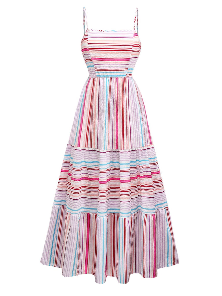 Rosa 1940er Regenbogen Streifen Spaghetti Träger Kleid