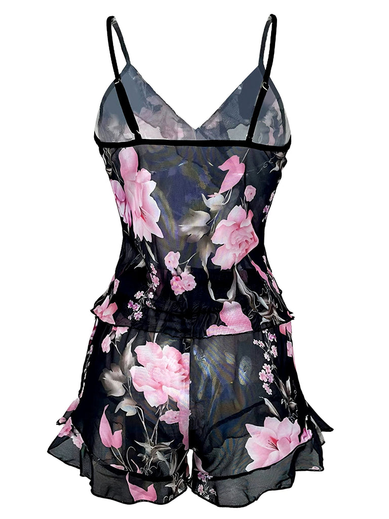 Schwarz 1930er Blumen Rüschen V-Ausschnitt Pyjama