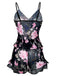 Schwarz 1930er Blumen Rüschen V-Ausschnitt Pyjama