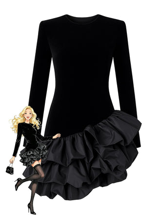 Schwarz 1980er Asymmetrisch Lagen Rüschensaum Samt Kleid