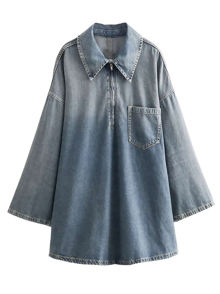 Blau 1970er Loose Revers Denim Kleid