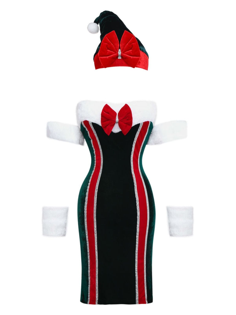 1960er Trägerlos Samt Weihnachten Pelzbesatz Bogen Kleid Set