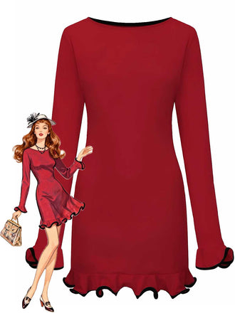 1960er Rüschen Saum Langarm Kleid