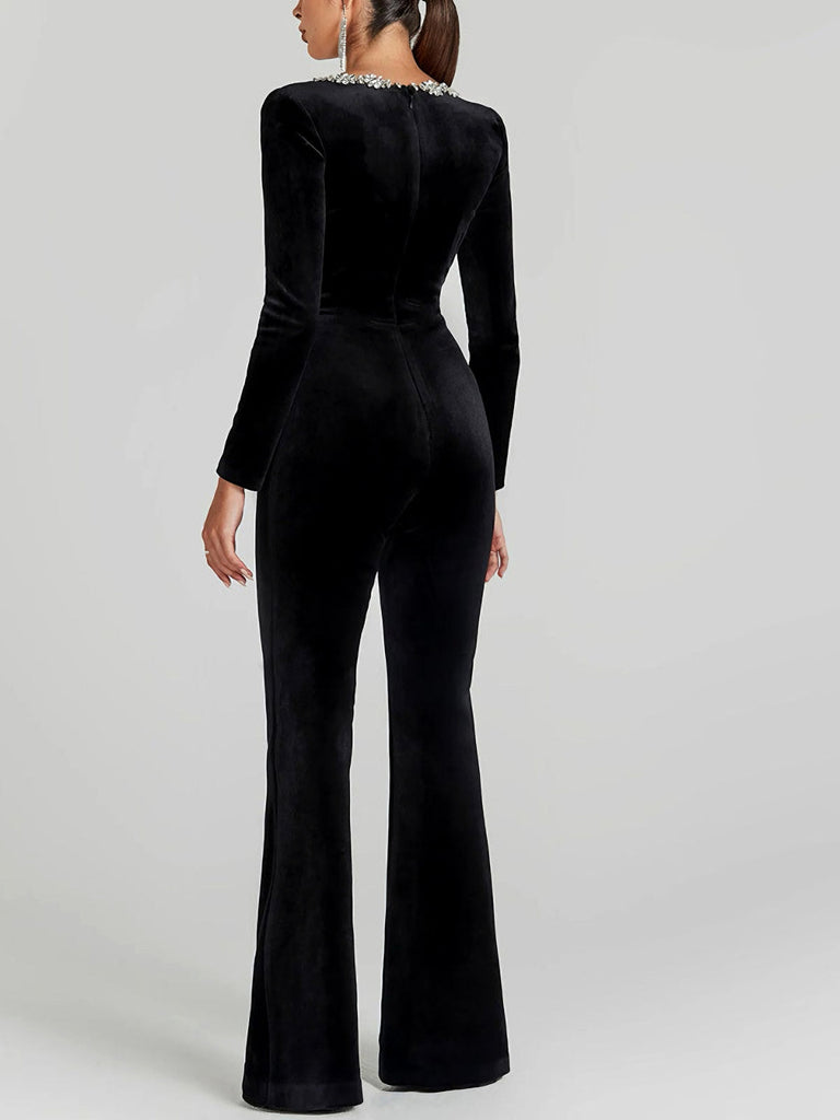 Schwarz 1960er Samt Blumen Diamant Quadratischer Hals Overall