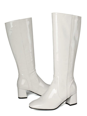 Vintage Patent Leder Block Heel Kniehohe Stiefel