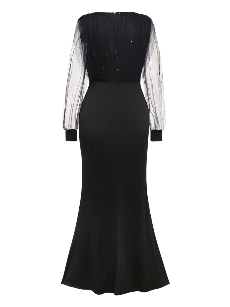 Schwarz 1930er Solide V-Ausschnitt Pailletten Unregelmäßiger Saum Kleid