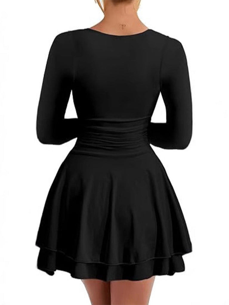 1980er Solide Tailliert Quadratischer Hals Langarm Kleid