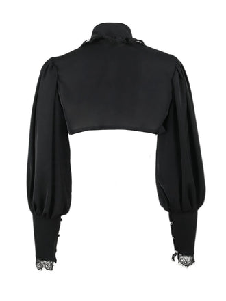 Schwarz 1980er Gothic Spitze Stehkragen Top