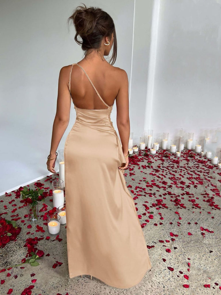 1960er Eine Schulter Gerüscht Schlitz Satin Kleid