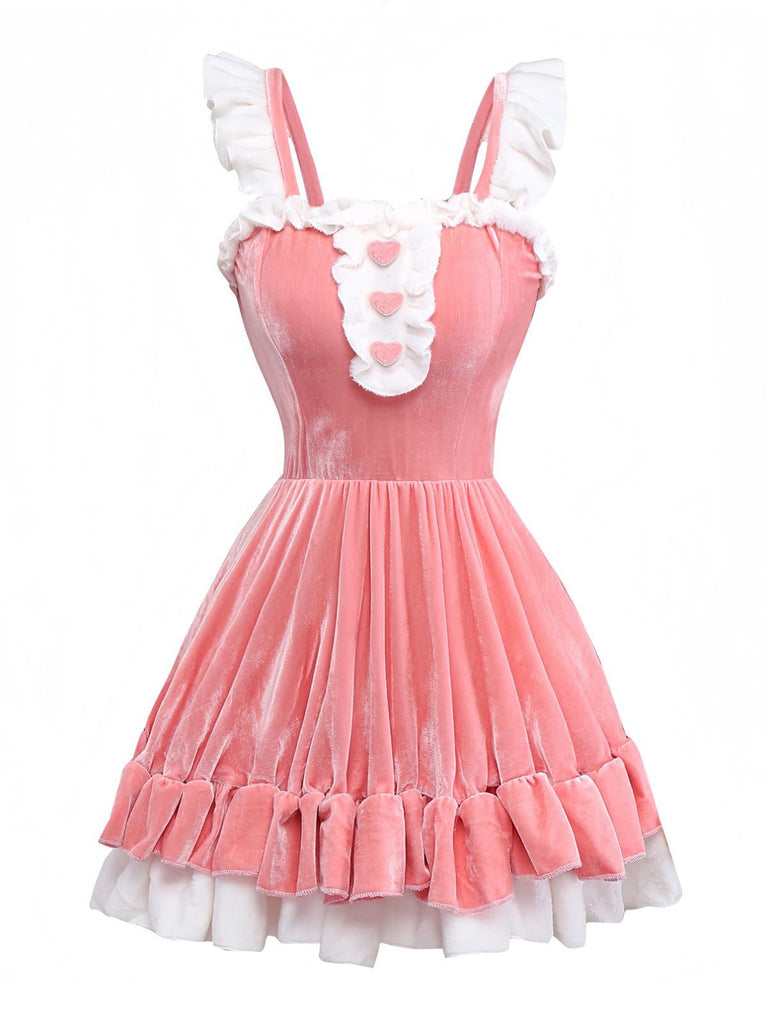 Rosa 1970er Weihnachten Samt Rüschen Bunny Girl Kleid Set