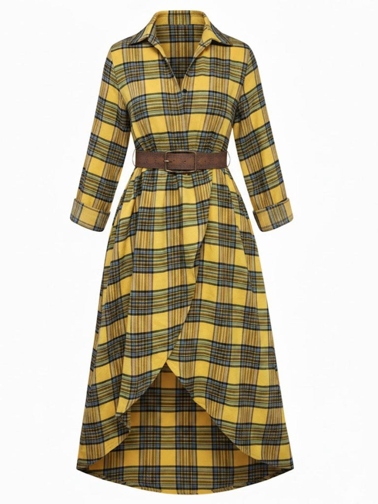 1940er Tartan Plaid Langarm Gürtel Shirt Kleid