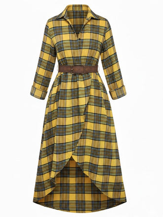 1940er Tartan Plaid Langarm Gürtel Shirt Kleid