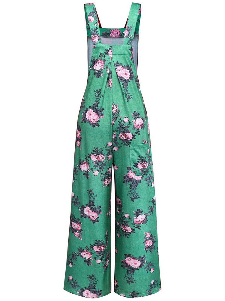 Grün 1940er Blumen Drucken Weitbeinig Jumpsuit