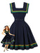 Marineblau 1950er Quadratischer Hals Wellig Streifen Ärmellos Kleid