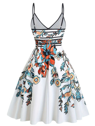 [Übergröße] Multicolor 1950er Blumen Spaghetti Träger Kleid