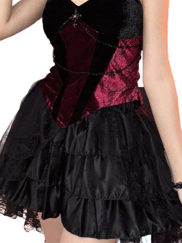 2PCS Rot 1980er Gothic Kreuzen Top & Spitze Rock