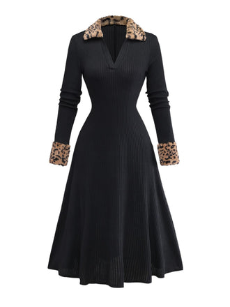 Schwarz 1940er Leopard Kunst Pelz Besatz Gerippt Stricken Kleid