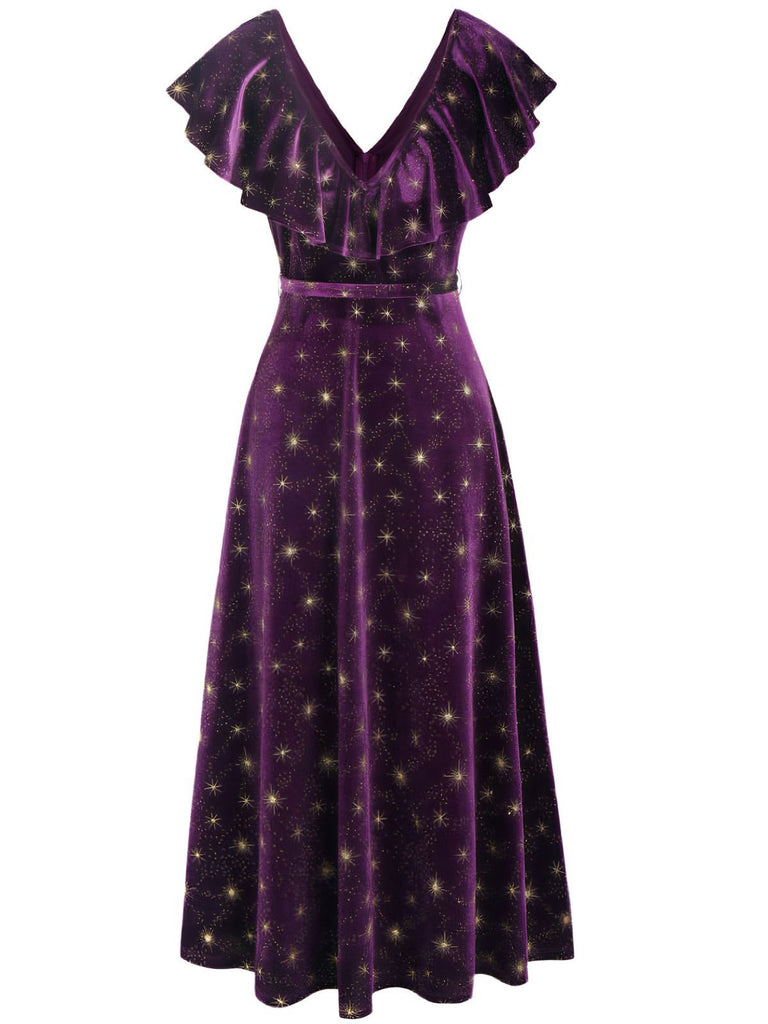 [Vorverkauf] Lila 1940er Samt V-Ausschnitt Stern Rüschen Kleid