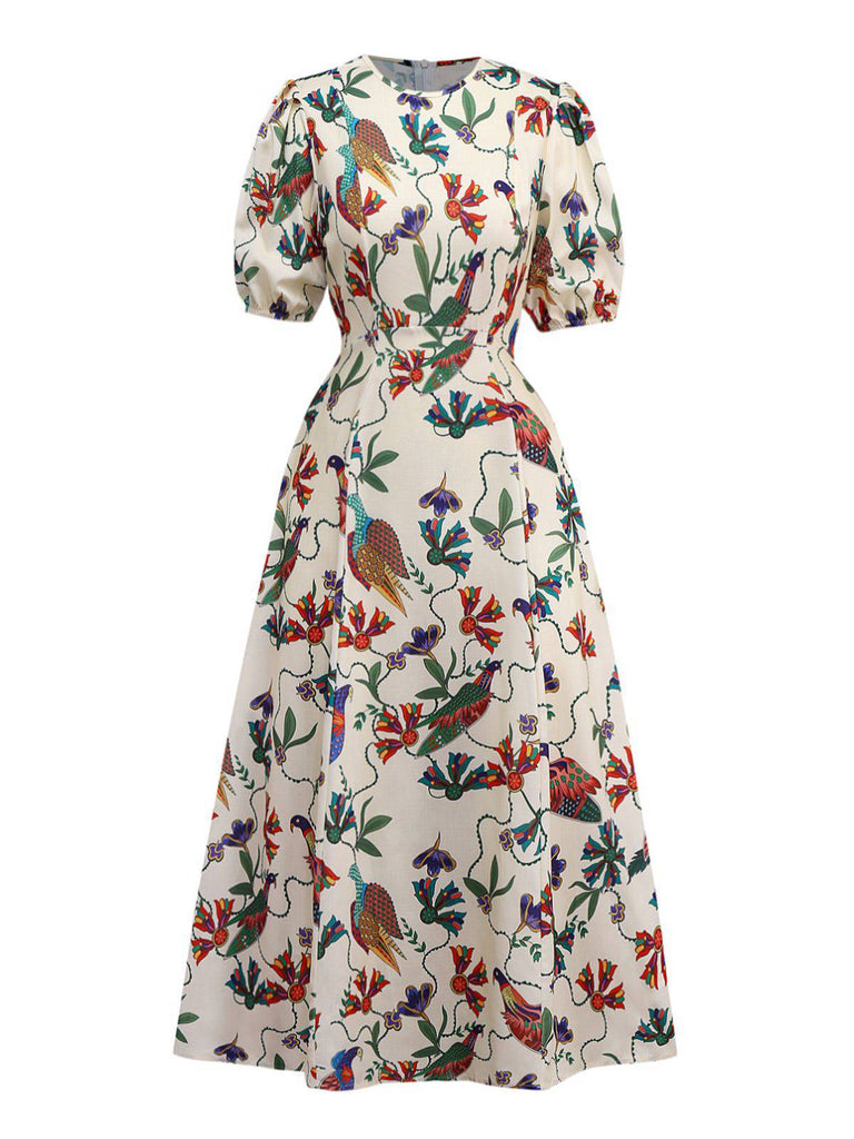 Beige 1940er Blumen & Vögel Druck Puffärmel Kleid