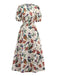 Beige 1940er Blumen & Vögel Druck Puffärmel Kleid