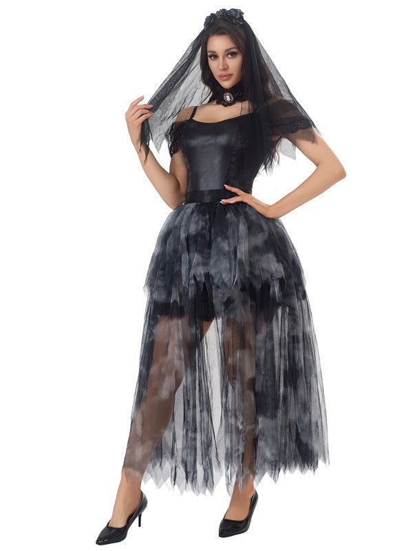 Schwarz 1970er Halloween Geisterbraut Tüll Kleid Set
