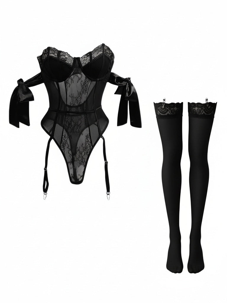 1980er Solide Schleife Bodysuit Pajama Mit Strümpfe