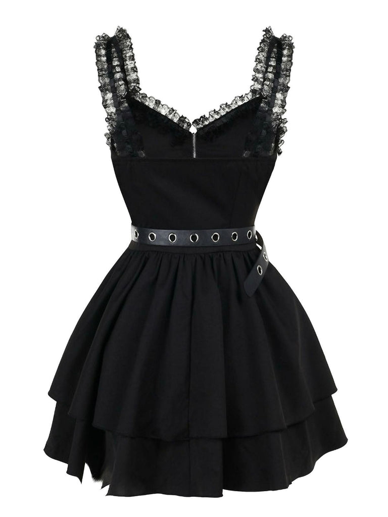 Schwarz 1980er Punk Metall Gürtel Patchwork Kleid