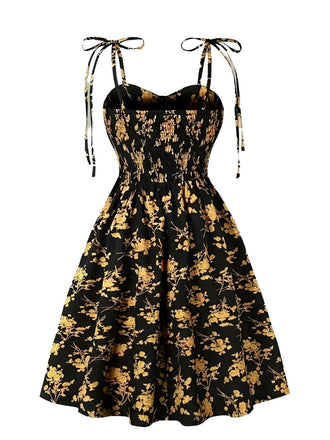 [Übergröße] Orange 1940er Kleine Blumen Spaghetti Träger Schnürung Kleid