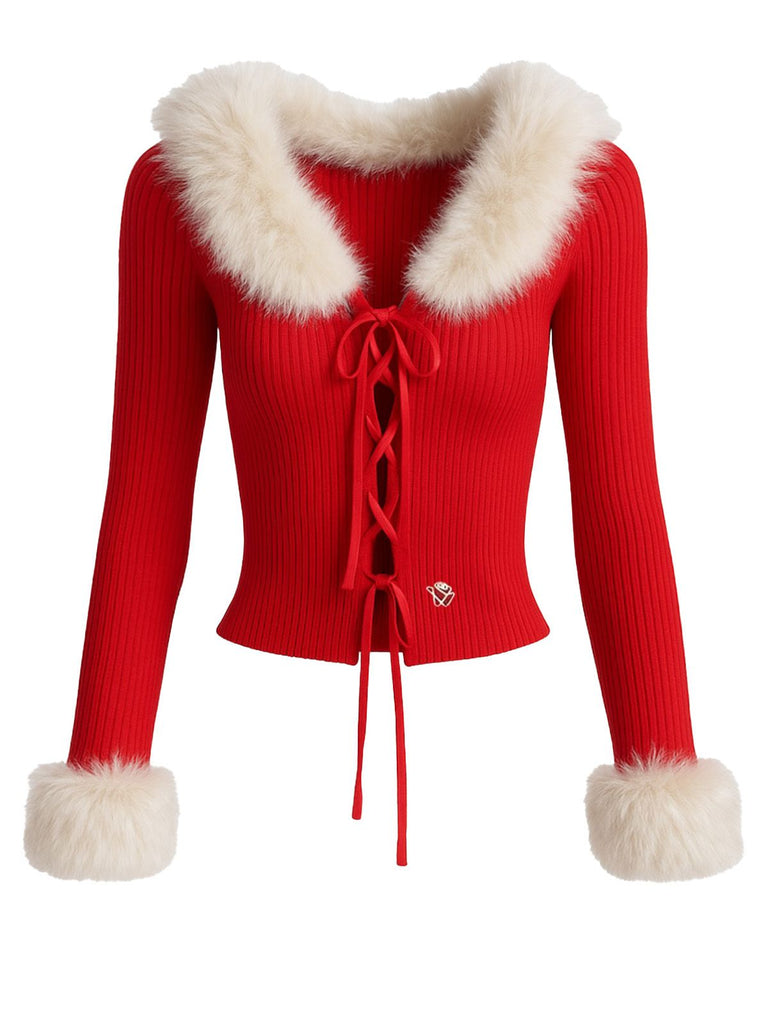 Rot 1980er Abnehmbar Pelz Kragen Bindung Stricken Strickjacke