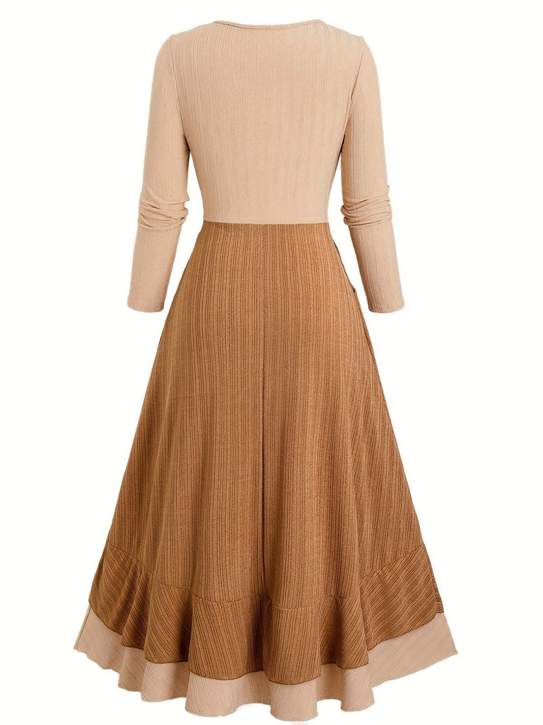 [Übergröße] 1970er Boho Binden Quaste Saum Rüschen Gerippt Kleid