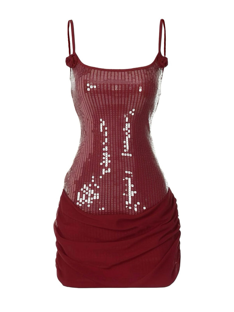 1980er Solide Pailletten Patchwork Mini Kleid