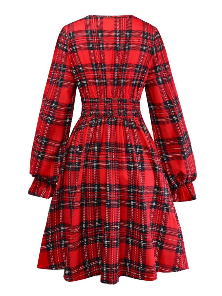 Rot 1950er Plaid Bogen Tief-V Langarm Kleid