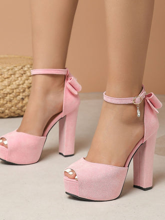 Rosa Kunst-Wildleder Bogen Hoch Block Absatz Schuhe