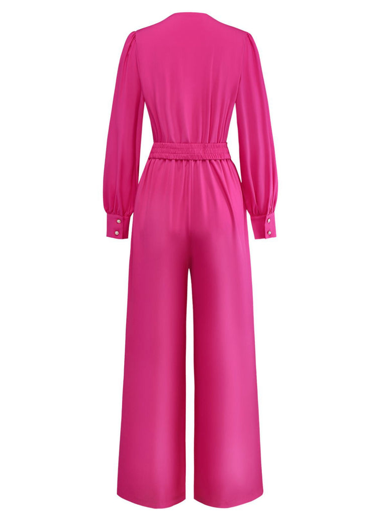 Rosa 1960er Solide Tiefer V Gürtel Laternenärmel Jumpsuit