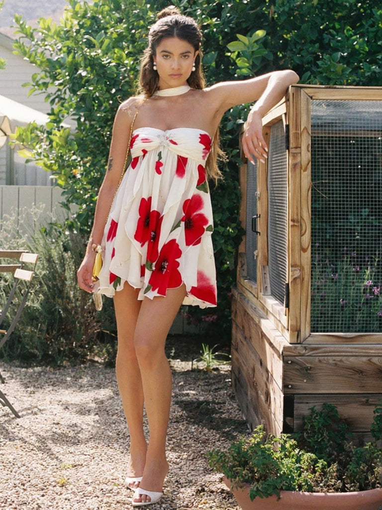 Rot 1960er Halter Unregelmäßig Saum Babydoll Kleid