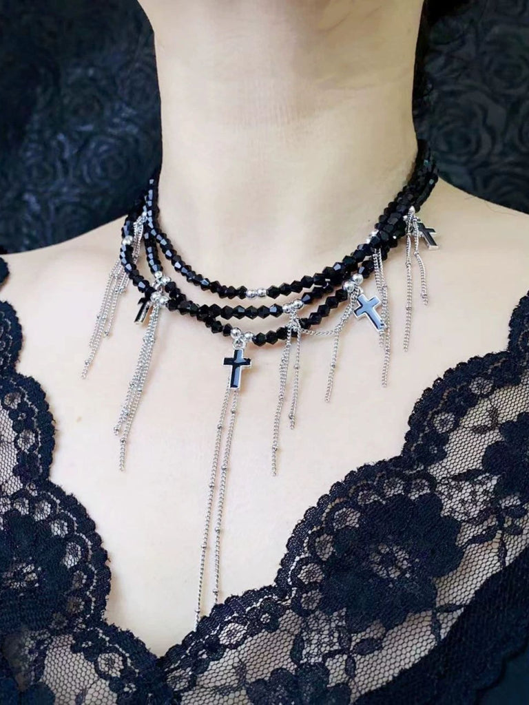 Gothic Quaste Kreuzanhänger  Mehrreihige Perlenkette