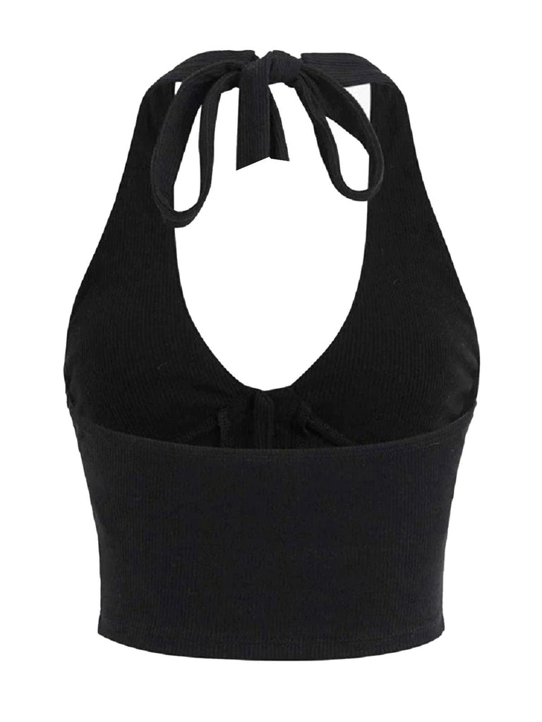 Schwarz 1950er Punk Halter Strassstein Schädel Taste Crop Top