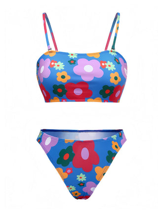 Blau 1960er Karikatur Blumen Spaghetti Träger Bademode