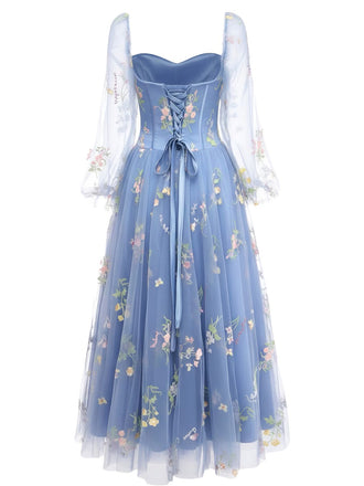 Blau 1930er Blumen Bestickt Netz Langarm Kleid