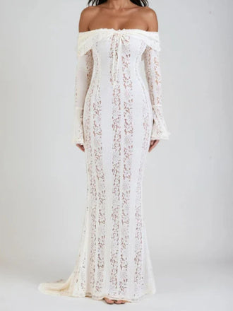 1930er Schulterfrei Spitze Trompetenärmel Maxi Meerjungfrauenkleid